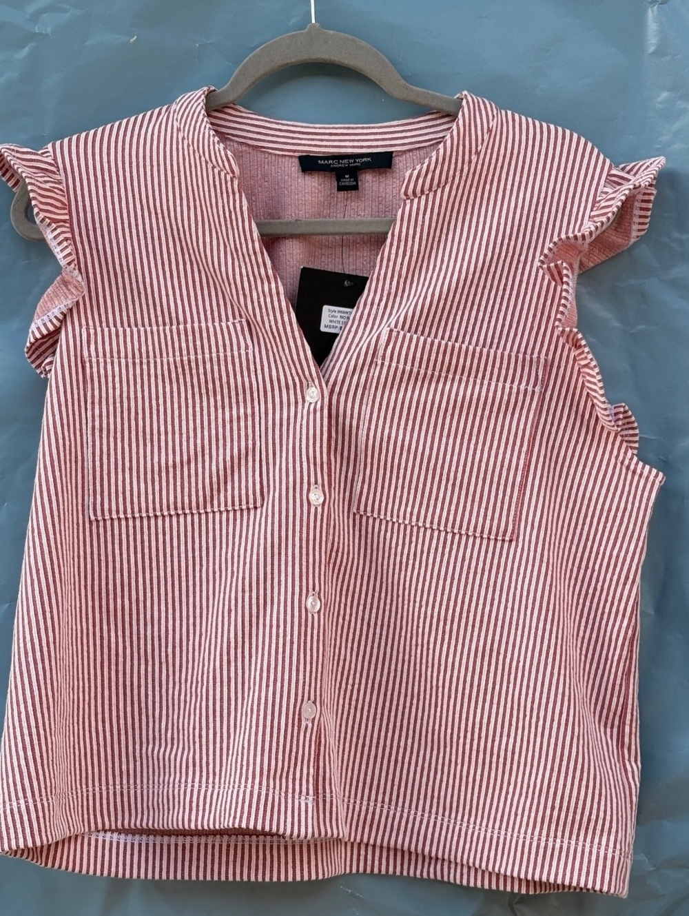 Marc New York Andrew Marc Women's Rio Red and White Stripe Button-Up Top, Size M